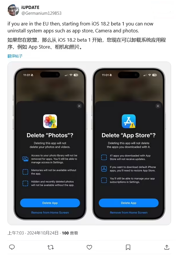 成县苹果手机维修分享iOS 18.2 支持删除 App Store 应用商店 
